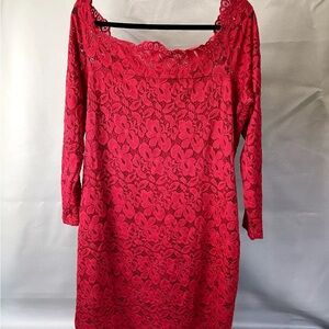 ACEVOG size XL red lace off shoulder midi dress lined with stretch 3/4 sleeve